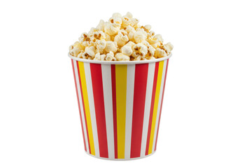 Popcorn overflowing from a striped container isolated on transparent background