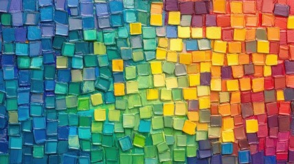 Fototapeta premium Colorful mosaic pattern of small squares, creating a vibrant spectrum of colors