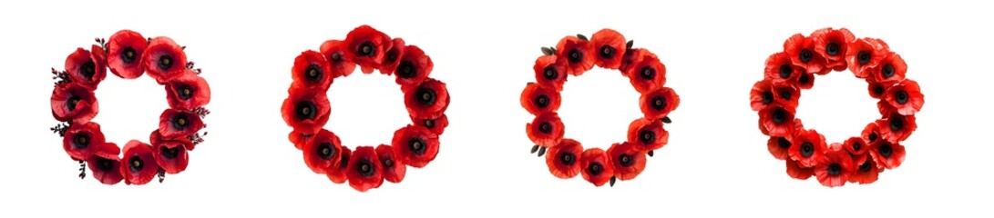 Set of separate circular wreaths red poppy blossoms isolated on transparent background