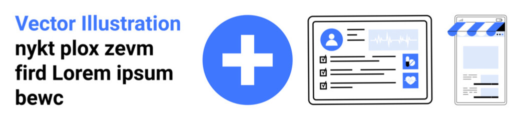 Medical cross icon, patient profile data card, and online healthcare storefront interface. Ideal for digital health, telemedicine, medical records, e-commerce, app design, user interface simple