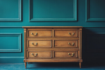 Fototapeta premium A classic wooden chest of drawers with brass handles against a teal wall.
