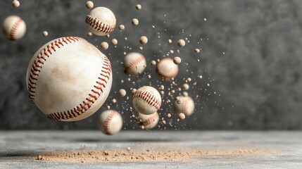 American Sport Concept. Dynamic Motion of Baseballs in Flight with Dust Particles on Dark Background