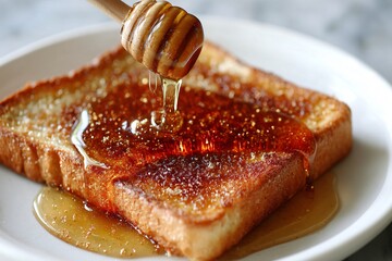 Drizzling Honey on Toast A Delicious Breakfast Experience in a Cozy Kitchen Mouthwatering Food Photography