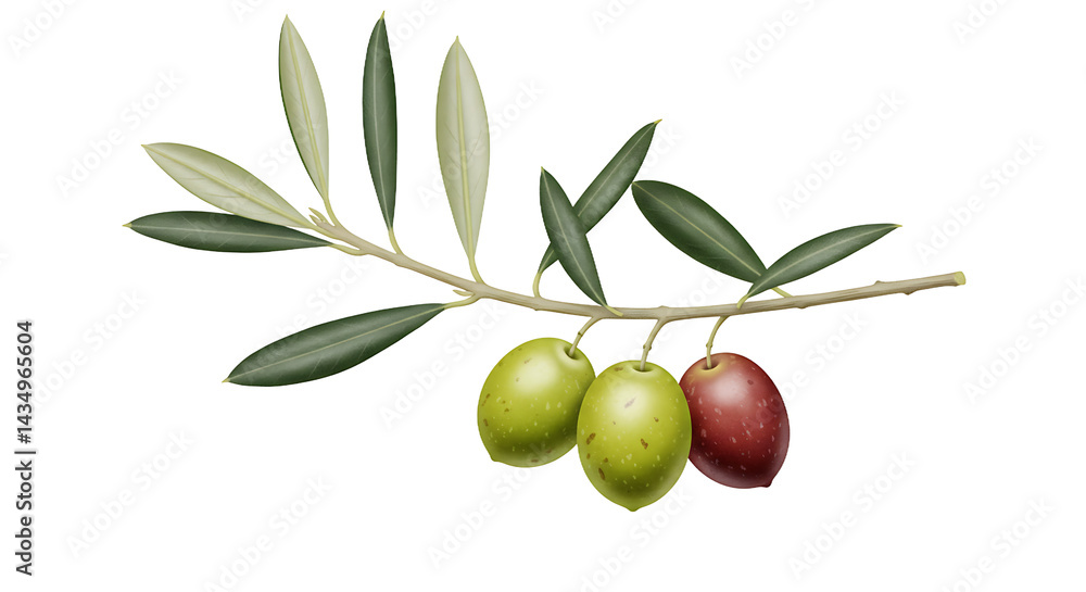 Poster a close up of an olive branch with green and red olives on a black background for design use