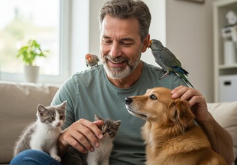 Smiling gray haired man petting multiple pets. Caucasian male surrounded by dog, kittens and bird enjoying animal companionship. Human animal bonding and happy life.
