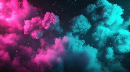 Abstract vibrant pink and teal cloud-like smoke, digital art, night sky effect