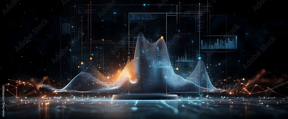 Poster abstract digital visualization of data and graphs. futuristic and glowing, with a dark backdrop