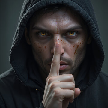 Hooded maniac with finger on lips gesturing shh sign to silence victim before attack