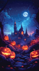 Creepy Castle and Halloween Pumpkins at Night.