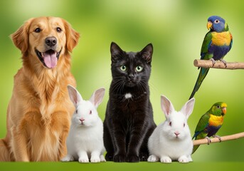 Fototapeta premium A group of different domestic animals including a dog, cat, rabbits and parrots are ready for a party as a representation of diverse pets together for celebration of companion animals.