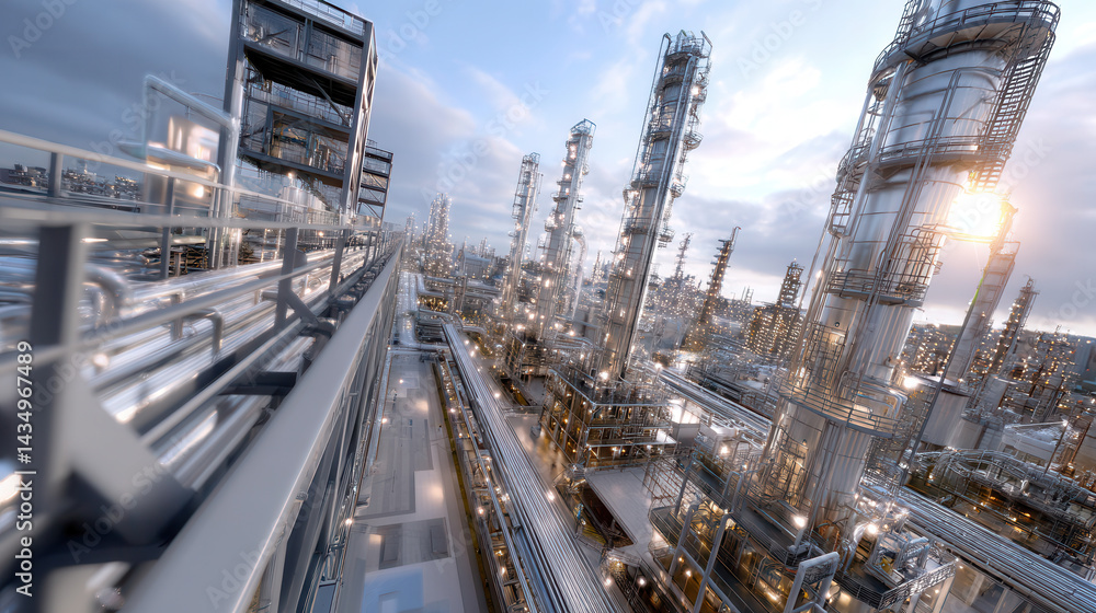 Poster modern oil refinery with intricate pipelines and towering structures under cloudy sky, showcasing in