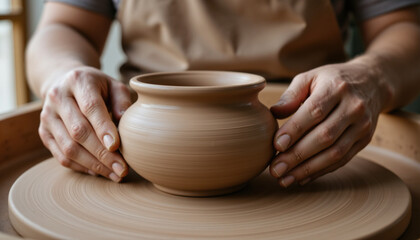 Clay pot being shaped on pottery wheel, showcasing artisan skill and focus. hands gently mold clay, creating beautiful piece