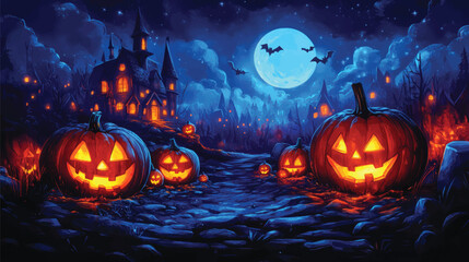 Naklejka premium Evil Smiling Pumpkins Under Starry Sky