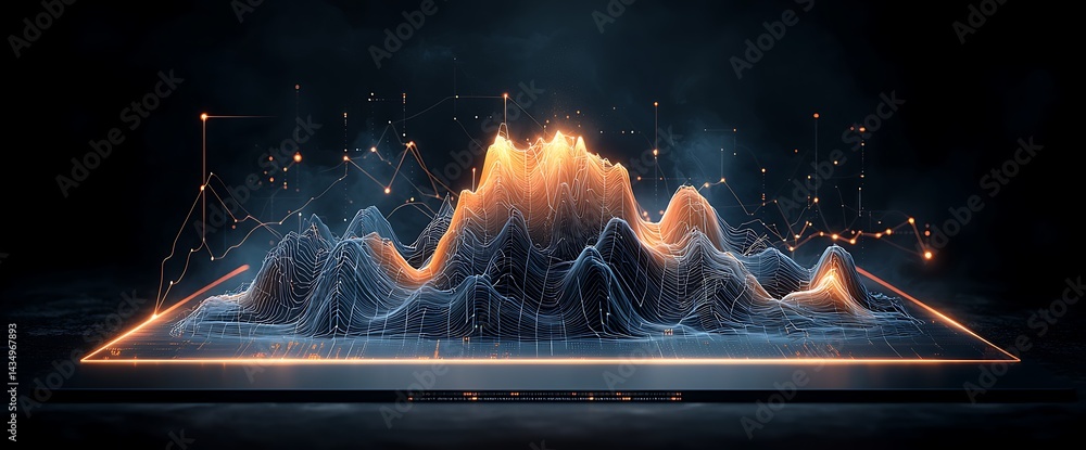 Aufkleber abstract 3d data visualization of a mountain range shape with glowing orange and blue light