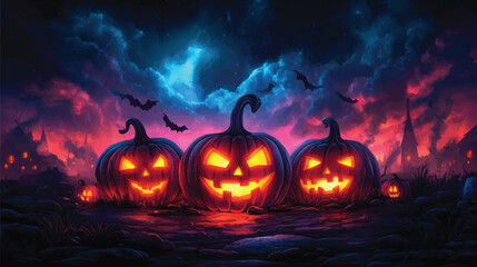 Fototapeta premium Halloween Cartoon Art with Glowing Pumpkins.