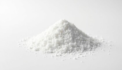 Pile of white granulated sugar on white background, sweetness, sweetener