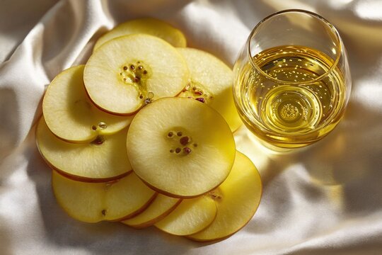 Slicing Fresh Apples and Pouring Clear Juice Kitchen Counter Food Photography Natural Light Close-Up Healthy Eating Concept