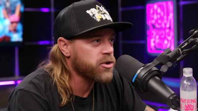 Man with a blonde mullet speaking into a microphone in front of a neon sign during a podcast recording session.