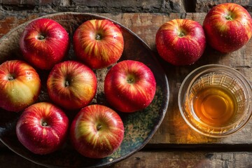 Harvesting Fresh Red Apples with Honey Rustic Kitchen Table Food Photography Natural Lighting Close-Up View Culinary Delight