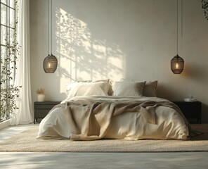 A minimalist bedroom interior bathed in natural sunlight.