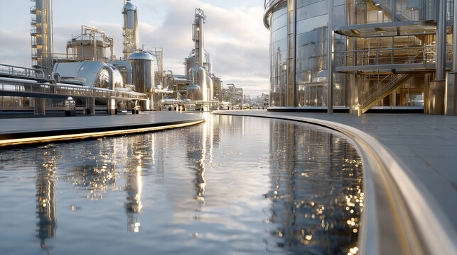 Futuristic oil refinery with sleek metallic structures and reflective water channel under soft sunlight