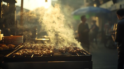 Street food grilling, smoky aromas, and bustling market scene.