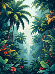 38.A tropical vector illustration depicting a jungle scene filled with towering palm trees and a variety of tropical leaves, such as ferns and philodendrons. The palm fronds are large and sweeping,