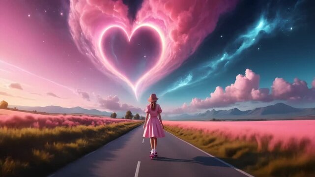 Dreamy girl skating heart clouds pink field aesthetic journey love romance whimsical fantasy art 4k