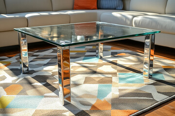 A contemporary glass coffee table with chrome legs, sitting atop a geometric-patterned rug in a sunlit living room.