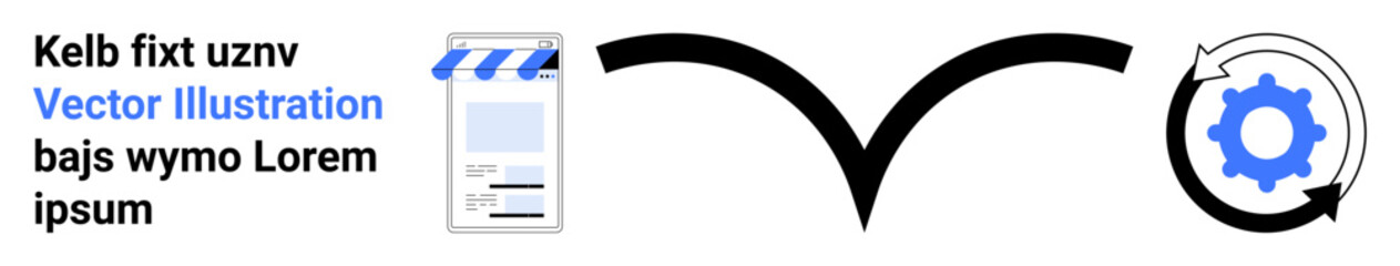 Storefront representing e-commerce, arrow for connection, and gear in rotation show automation process. Ideal for e-commerce, workflows, automation, connectivity, tech processes, business simple