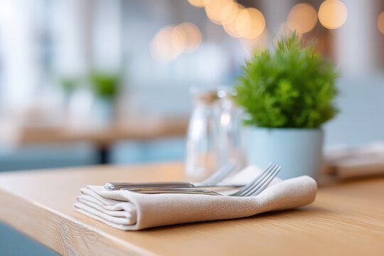 empty table with neatly arranged cutlery and elegant centerpiece inside minimalist cafe inviting patrons