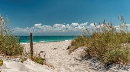 A beach with a sandy shore and a body of water, image provides a tranquil and scenic getaway.