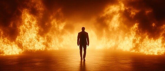 Fototapeta premium Man Walking Through Fiery Inferno