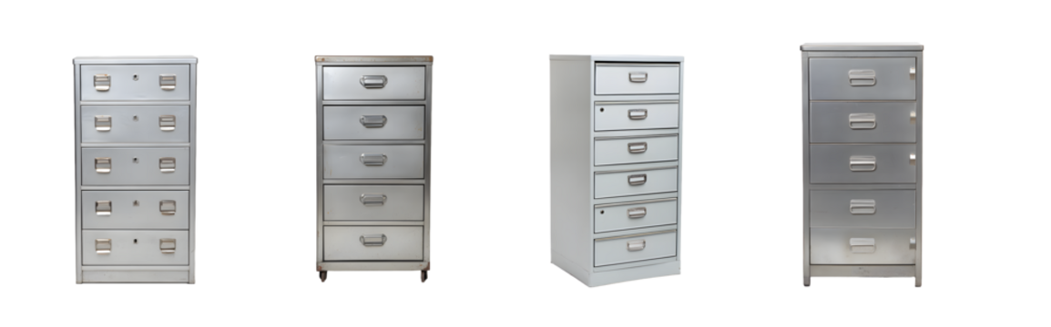 Set of different metal filing cabinets, isolated on transparent background