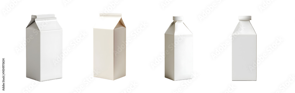 Poster set of empty white carton containers, isolated on transparent background