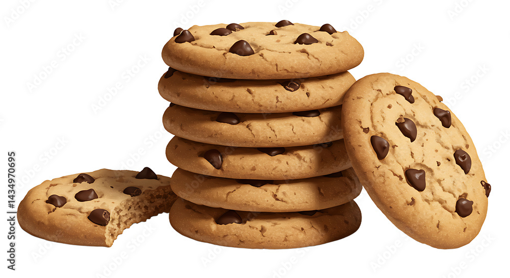 Poster a stack of chocolate chip cookies with one cookie missing a bite on a black background image view
