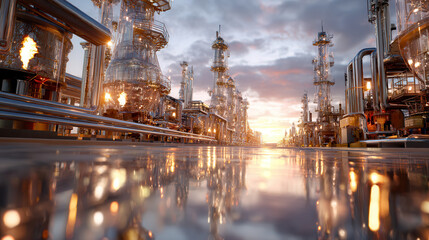 Futuristic oil refinery with glowing lights and reflective surfaces under dramatic sunset sky