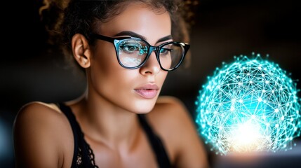 Young woman with curly hair and glasses interacting with digital technology concept of global connectivity