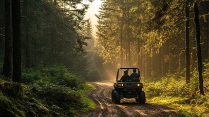 Adventurous exploration in a forest with a two-person ATV driving through trees