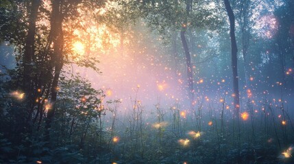 Mystical forest at dawn, illuminated by fireflies