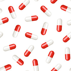 Red pills seamless pattern. Medications background. Vector cartoon flat illustration of medical capsules on white
