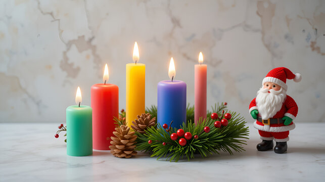 Colored candles lit with burning rushlight, a toy Santa Claus and a Christmas wreath with fir cones and red berries on a light background.