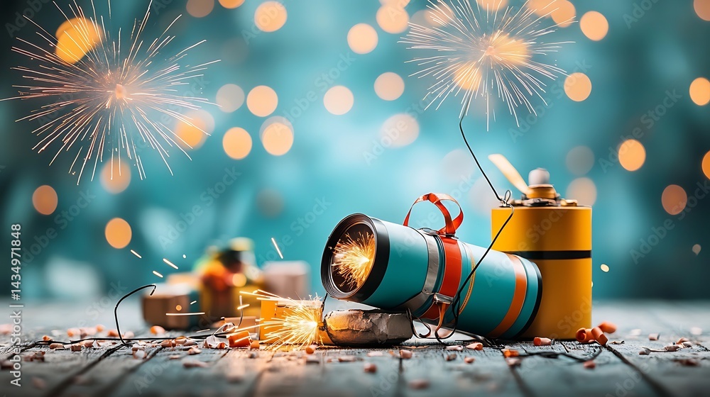 Poster fireworks display with sparklers on a wooden surface, with bokeh background