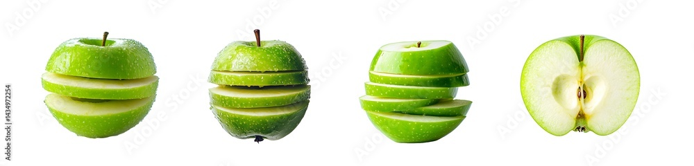 Aufkleber set of green apples sliced and stacked in different ways, isolated on transparent background