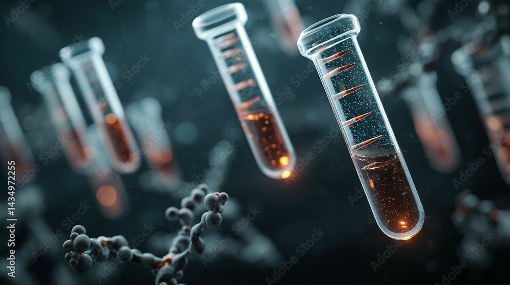Poster close-up view of several test tubes filled with liquid.