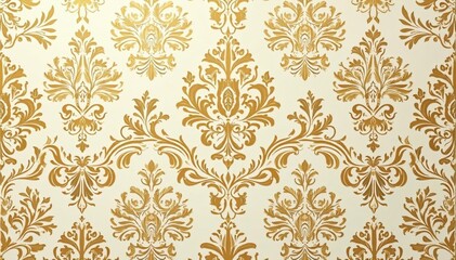 Intricate floral damask, repeating motif in muted golds and creams, background, wallpaper, art