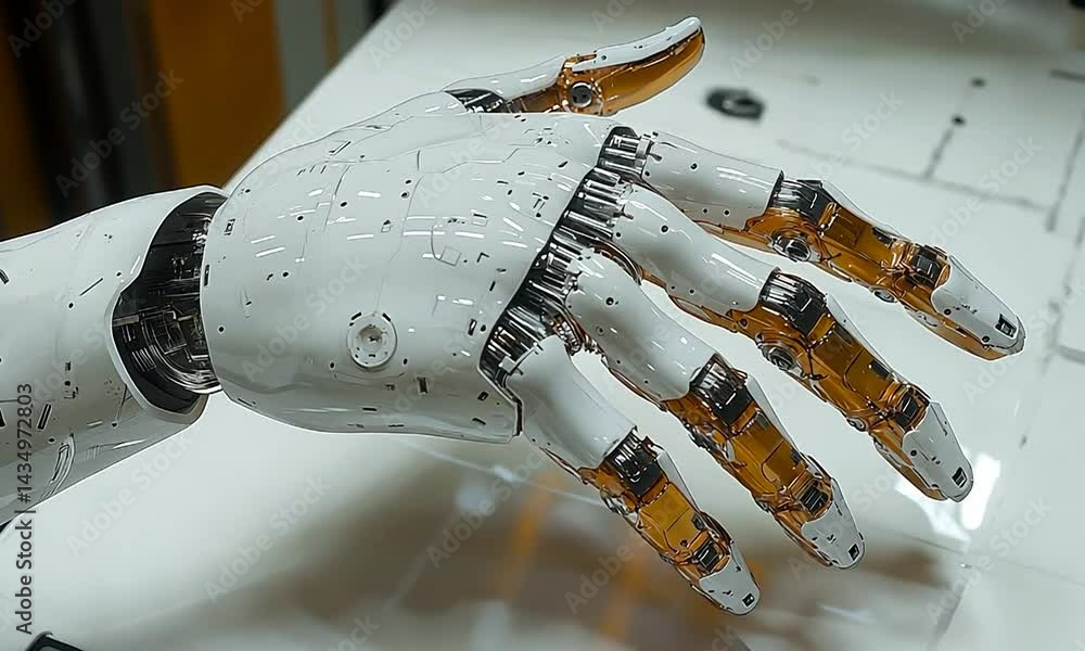 Aufkleber close-up of a futuristic robotic hand showcasing intricate mechanics and design elements