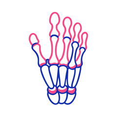 Neon style skeletal hand in blue and pink hues