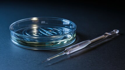 Transparent petri dish with liquid and pipette on dark surface.