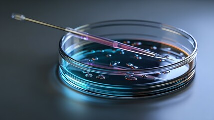 Transparent petri dish with liquid and pipette, a scientific laboratory setting.